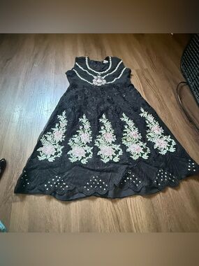Boutique 9 Black Dress with Pink and Green Floral Embroidery